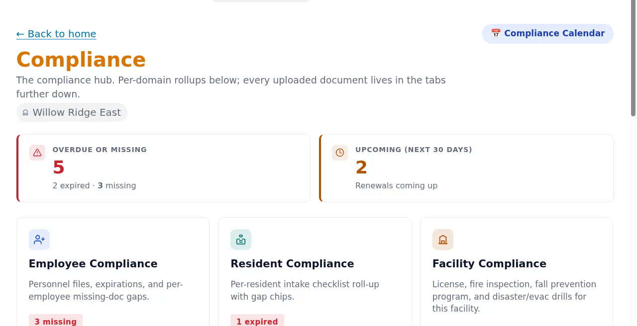 Willow Ridge East Compliance hub showing overdue or missing items and upcoming renewals.