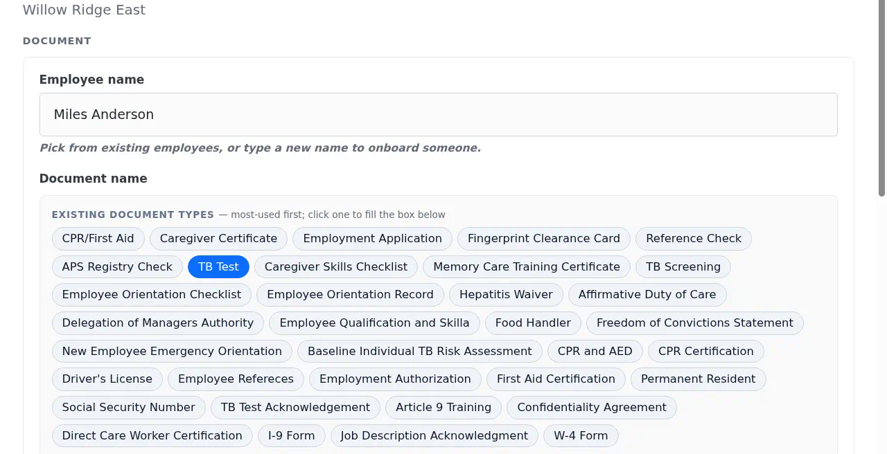 Employee document form showing Miles Anderson and the selected TB Test document type.