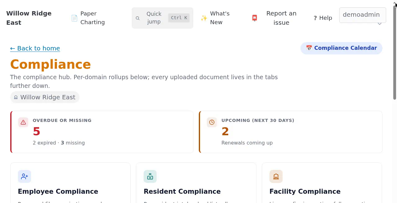 Willow Ridge East Compliance hub showing five overdue or missing items and two upcoming renewals.